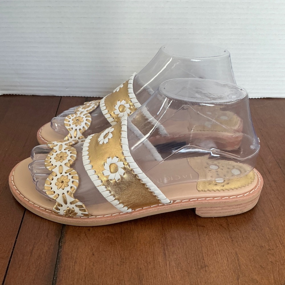 Jack Rogers Georgica Slide Sandals Gold White Metallic Whipstitch Floral Mens 6M - Picture 4 of 8